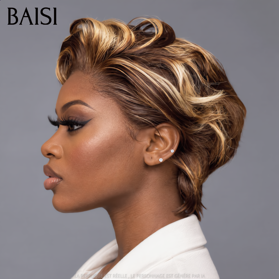 BAISI Perruque pixie avec lace frontal Bouclée 60€ en couleur Marron Mixte Miel Facile à porter En 100% Cheveux Humains