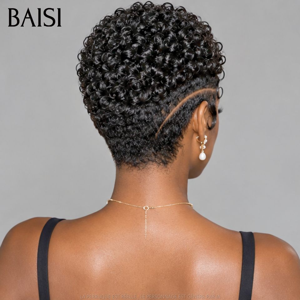 BAISI Full Lace Perruque Pixie Courte Bouclée 169€ Couleur Noir 1B# Avec Raie de Coté Hyper Captivante en 100% Cheveux Humains