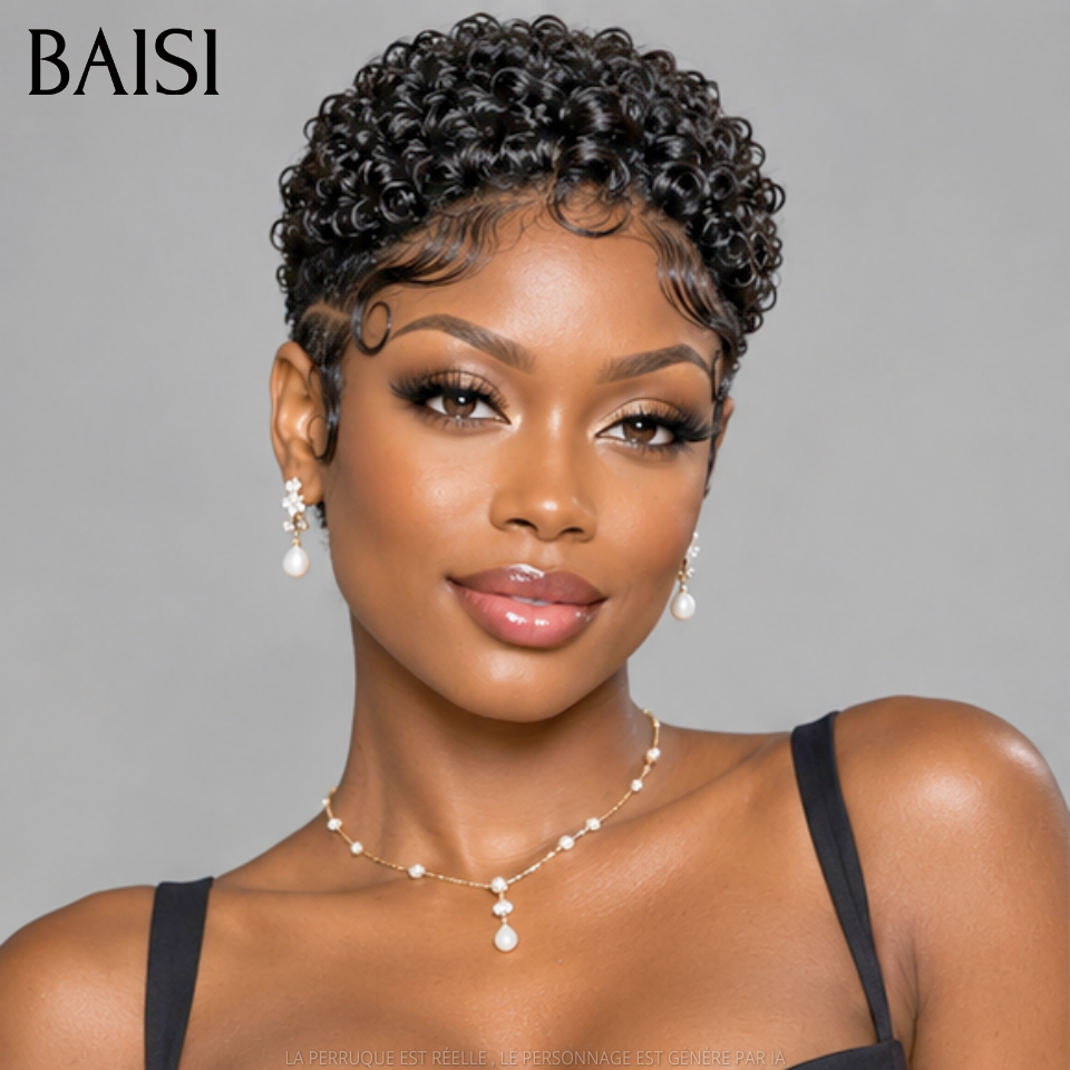 BAISI Full Lace Perruque Pixie Courte Bouclée 169€ Couleur Noir 1B# Avec Raie de Coté Hyper Captivante en 100% Cheveux Humains