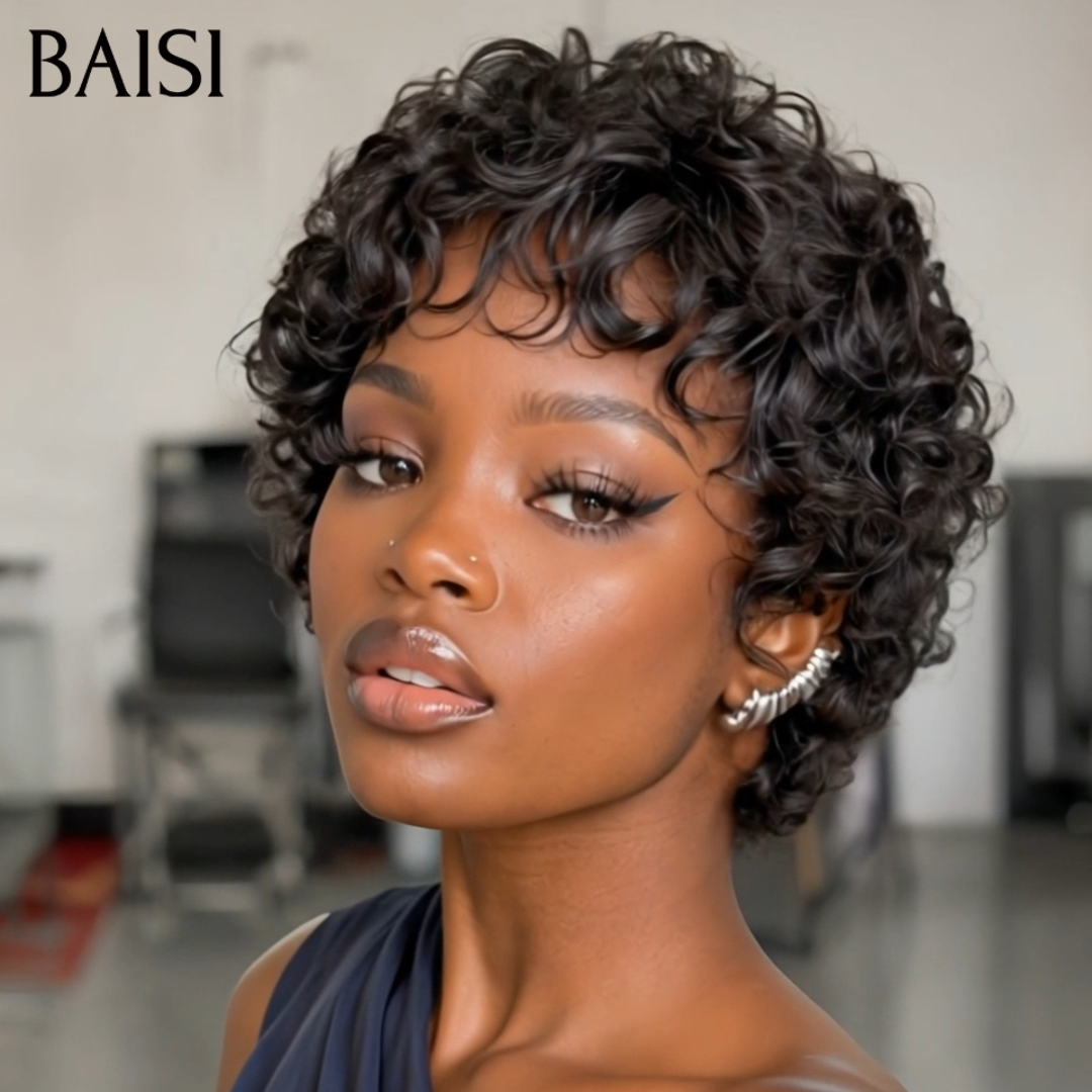 BAISI Perruque Pixie Bouclée Lâche Noir 1B# 4 Pouces 78€ Sans Colle Sans Lace Mèches de Qualité en 100% Cheveux humains