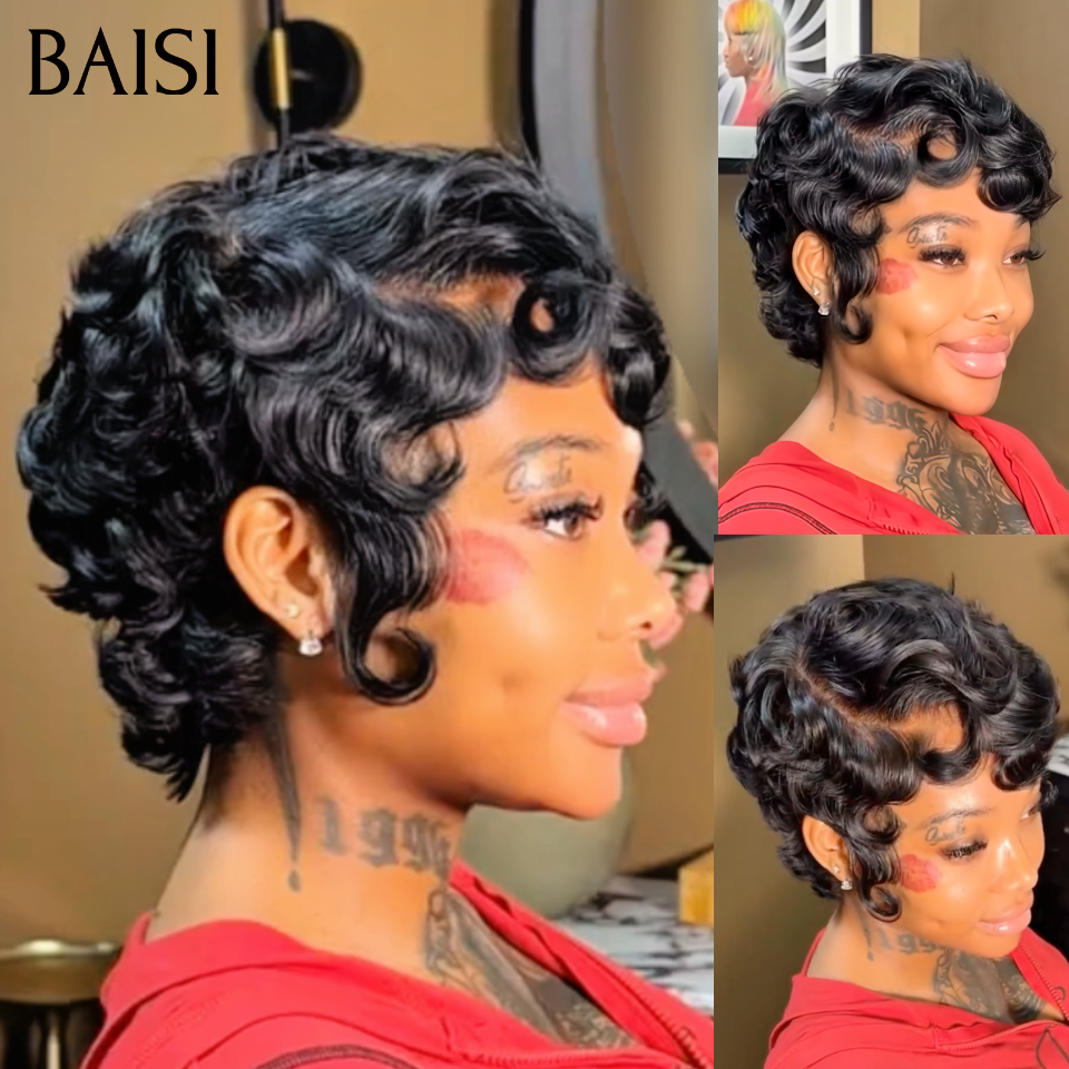 BAISI 13X4 lace Perruque Pixie Vague Elégante 6 Pouces Curly wave Noir 55€ Seulement en 100% Cheveux Humains