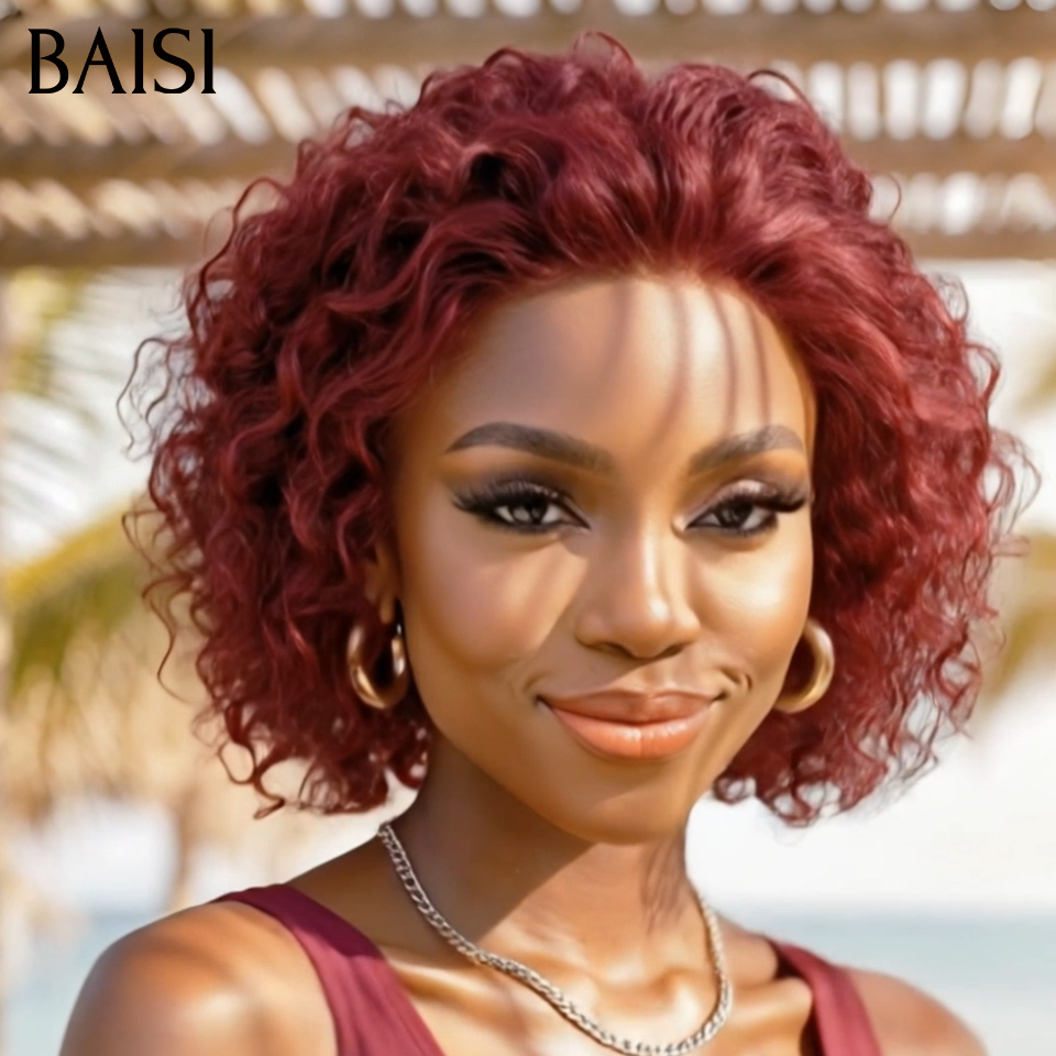BAISI Perruque Pixie Wave Déjà Coiffée 55€ Couleur Rouge Bordeaux 99J# Sans Colle Sans Lace Indispensable Pour les Vacances en 100% Cheveux humains
