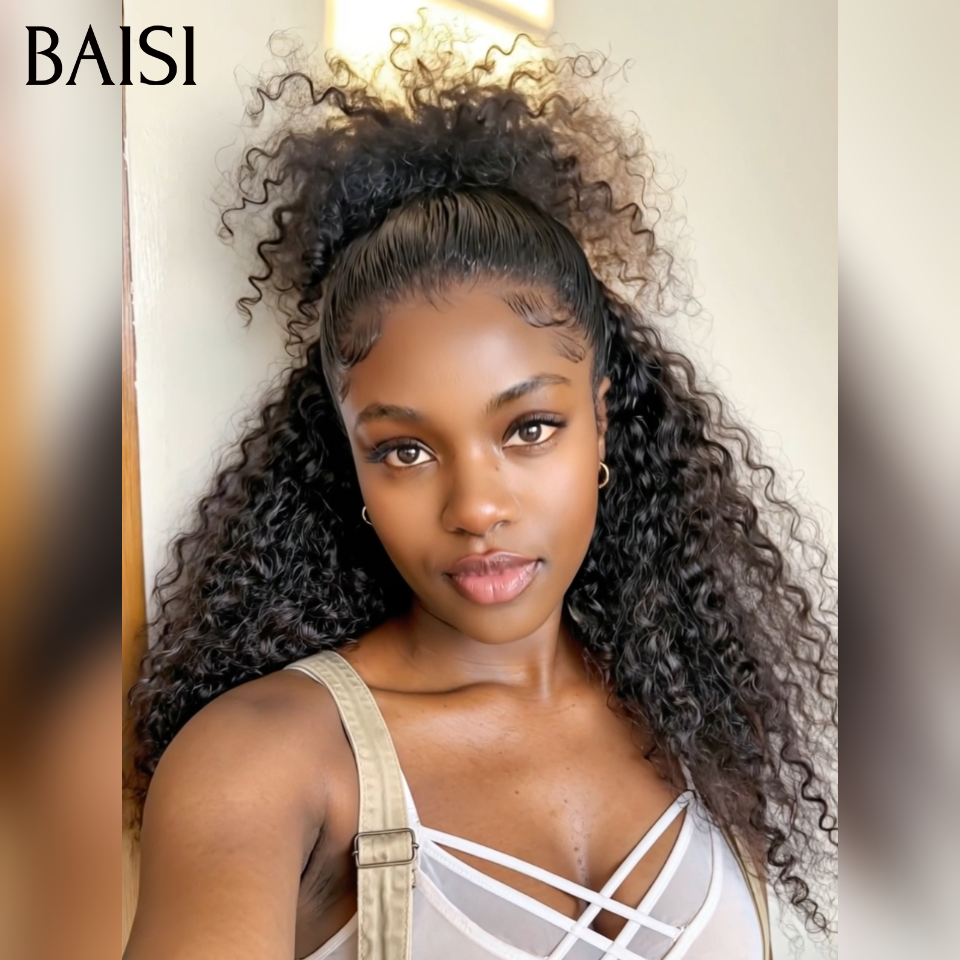 BAISI 13x4 lace frontal Perruque Curly Coiffée 20Pouces 139€ avec Chignon Prêt à Porter en 100% Cheveux Humains