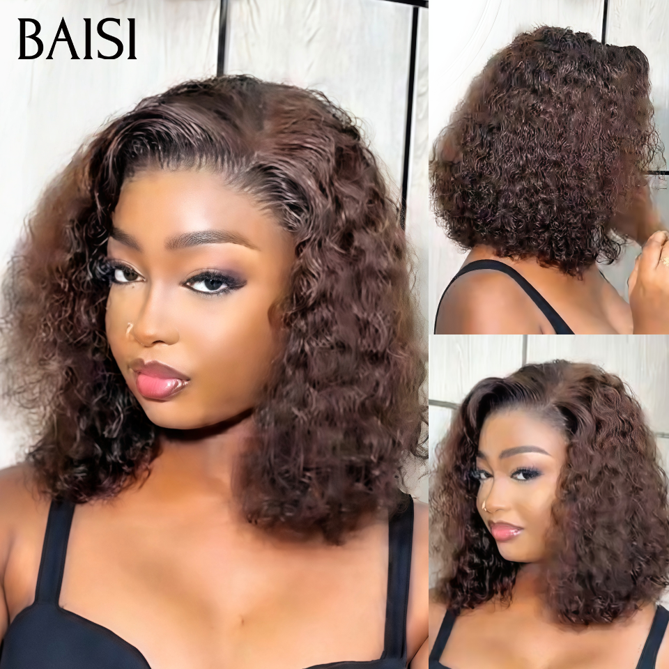 BAISI 4x4 Lace Closure Perruque BOB Water wave 12 pouces et 14pouces 250% Densité Couleur Marron 4# Prix Abordable en 100% Cheveux Humains