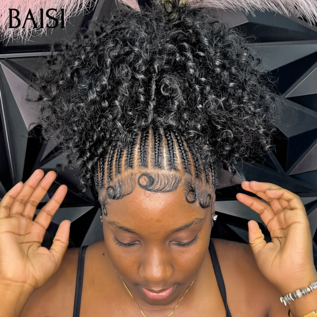 BAISI Full Lace Perruque Curly Déjà Coiffée Couleur Noir 169€ Devanture En Nattes Romantiques Dentelle Respirante Pour l'Eté en 100% Cheveux humains