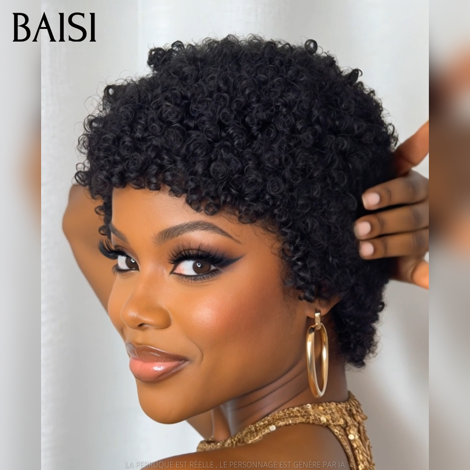 BAISI Perruque Pixie Afro curl Couleur Noir 1B# 56€ Sans Colle Sans Lace Pour Débutante Beauté Possessive en 100% Cheveux humains
