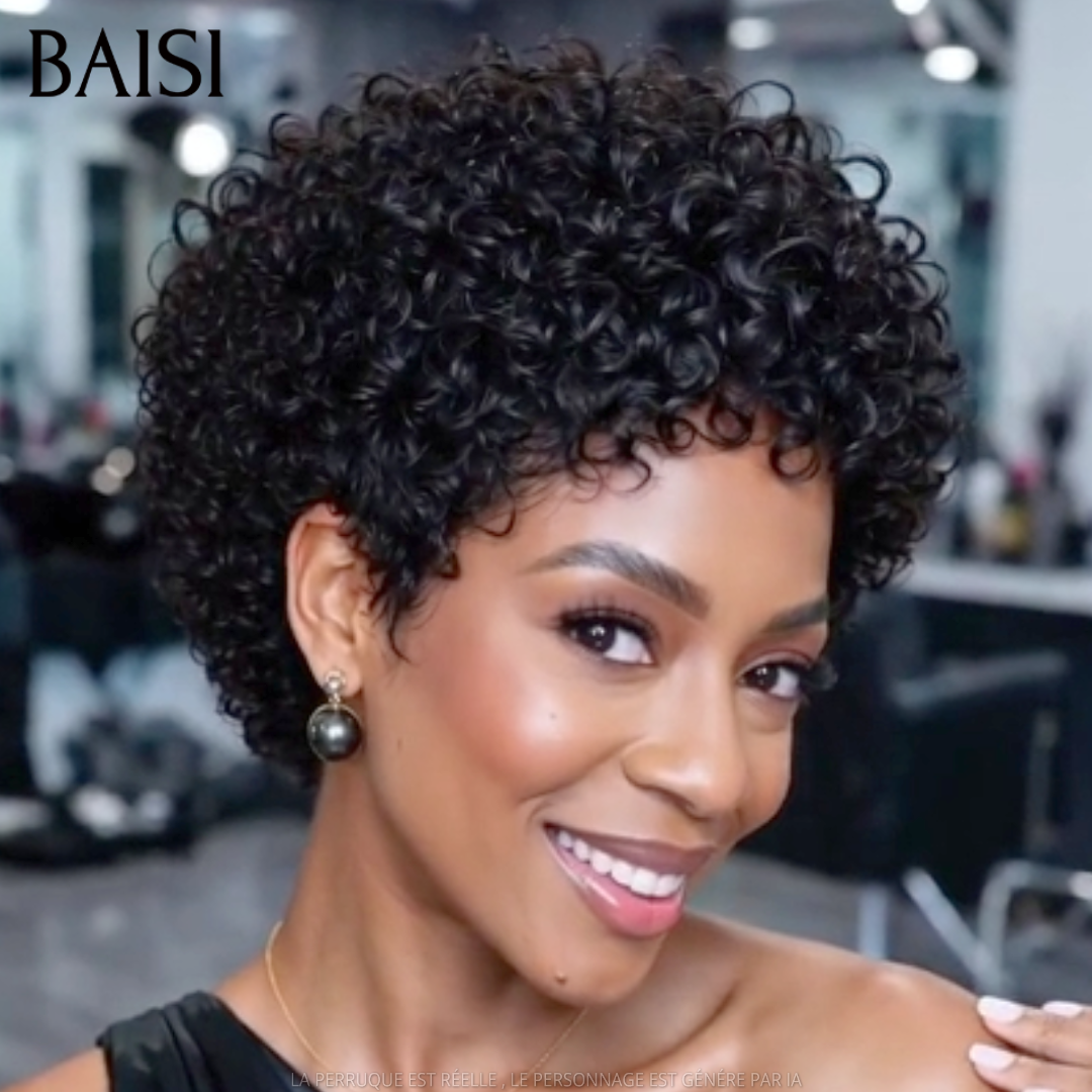 BAISI 13x4 Lace Perruque Pixie Courte Curly Couleur Noir 60€ Très Bonne Qualité en 100% Cheveux humains