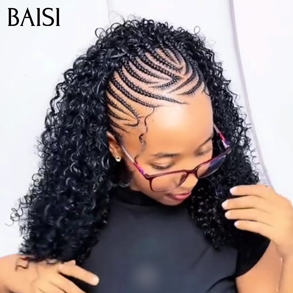 BAISI 13x6 Lace Perruque Coiffée Curly Devantures Nattes Croisées 16Pouces 159€ Couleur Noir 1B# Tendance et Authentique en 100% Cheveux humains
