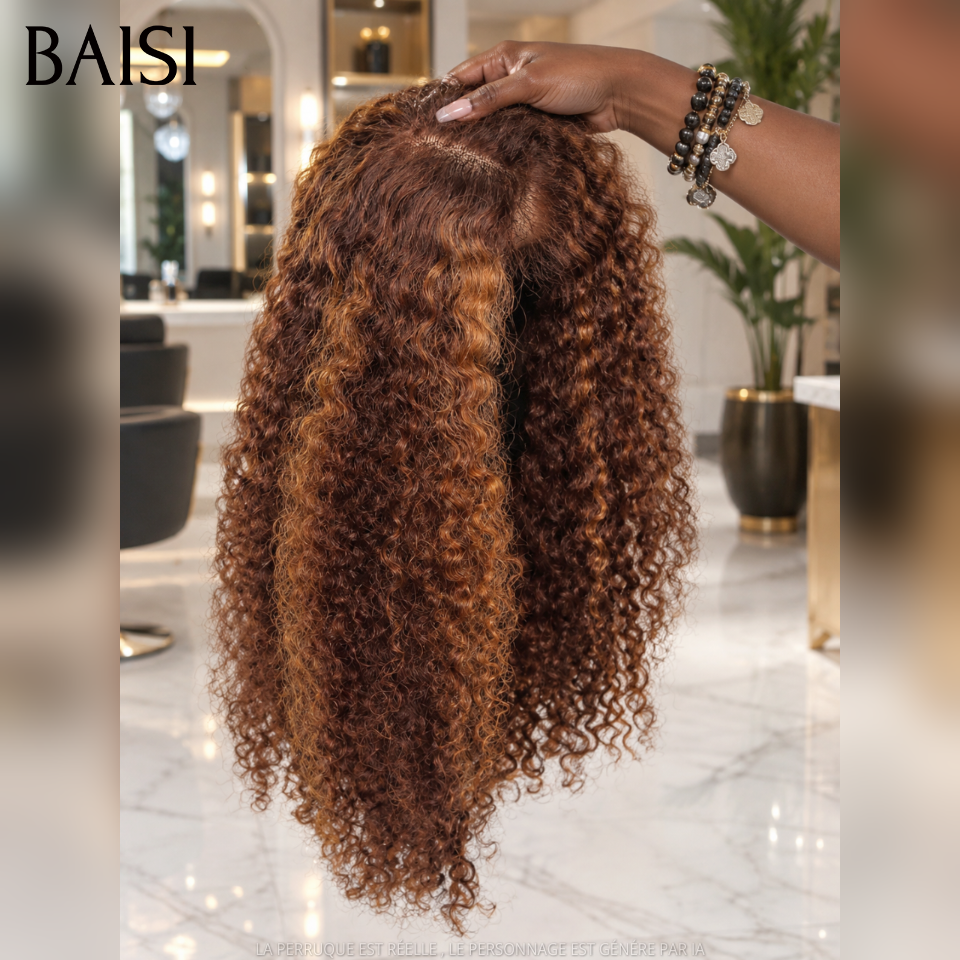 BAISI Closure Lace Perruque Curly Couleur Mixte Miel 4/27# Disponible en 20Pouces A partir de 146€ Très Bonne Qualité en 100% Cheveux humains