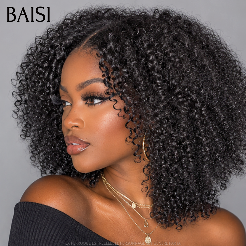 BAISI 4x4 Lace Perruque Bob Curly Sans Colle Prête A Porter Couleur Noir 1B# Magnifique Petite Boucle D'Ange en 100% Cheveux Humains #24036