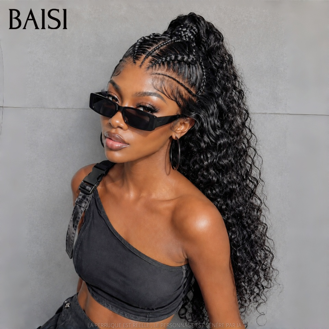 BAISI 13x6 Lace Perruque Déjà Coiffée Deep Wave Natté Couleur Noir La Classe Au Travail en 100% Cheveux humains