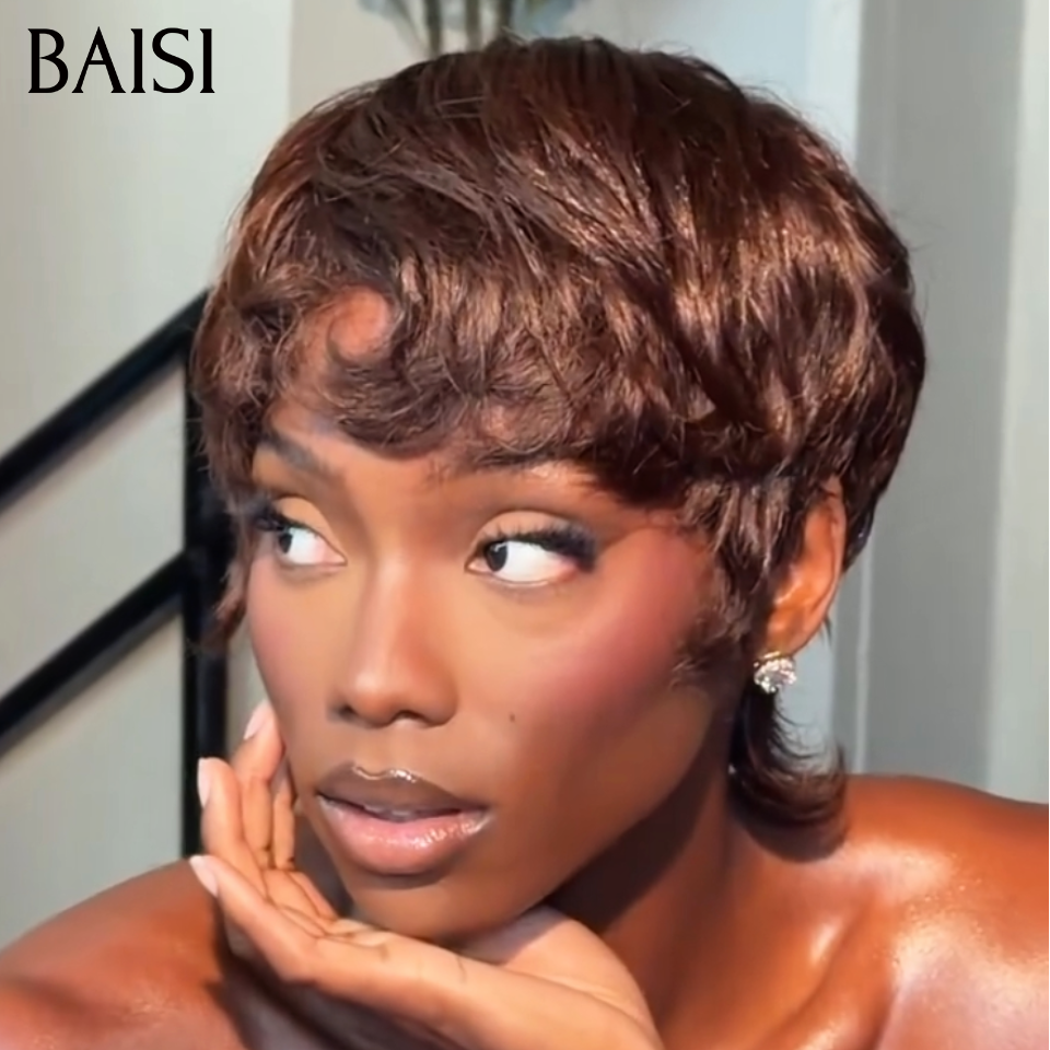 BAISI 13x4 Lace Perruque Pixie Marron 4# Petite Coupe Effilée 79€ Ou Demi-perruque Curly wave 99€ Topper cheveux partiel personnalisé en Couleur Blonde613#( c'est pas une perruque entière ) en 100% cheveux humains