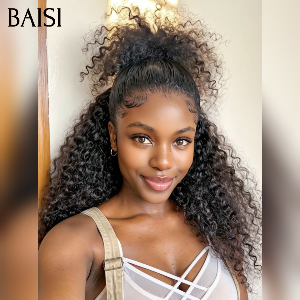 BAISI 13x4 lace frontal Perruque Curly Coiffée 20Pouces 139€ avec Chignon Prêt à Porter en 100% Cheveux Humains