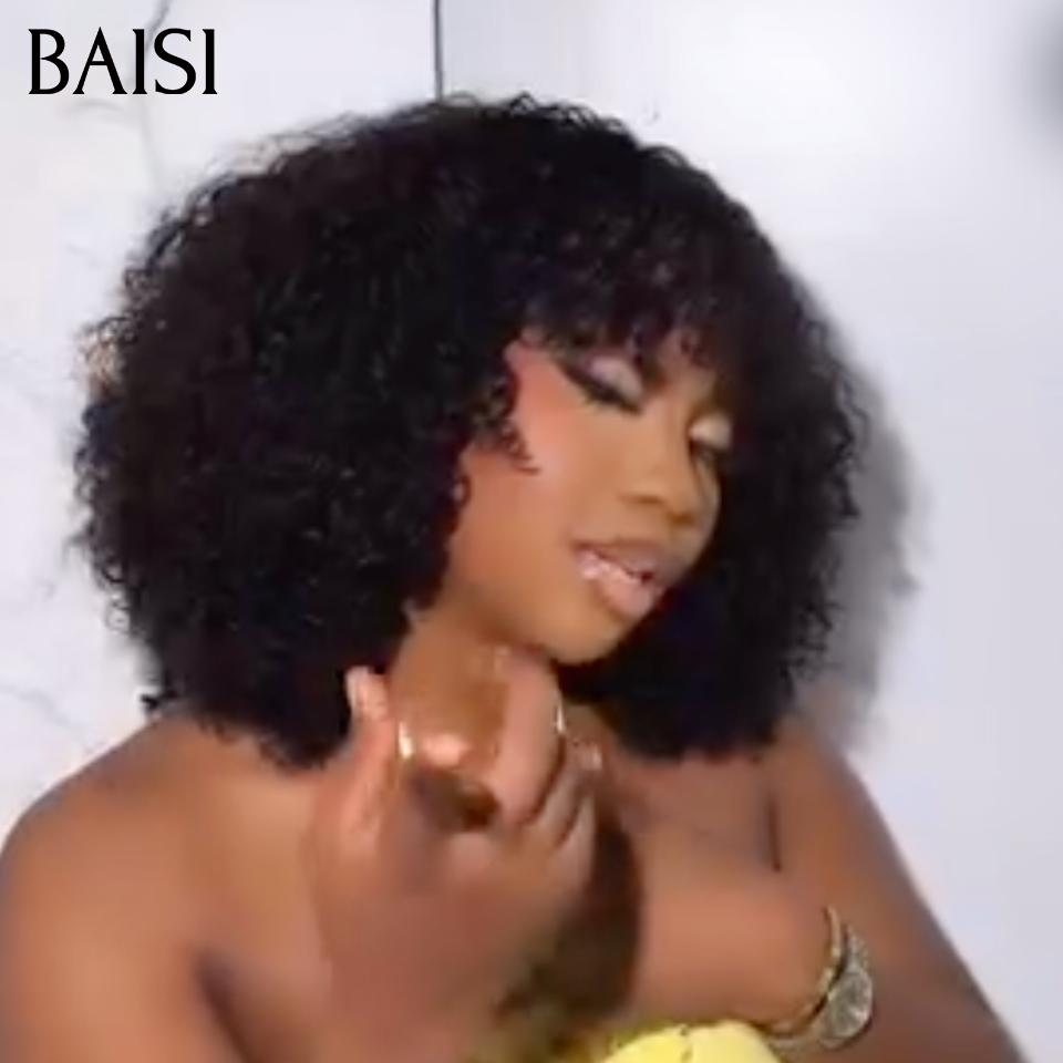 BAISI Perruque Sans Colle Sans Lace Bob Water Wave Bouclé Avec Frange Couleur Noir Achetez 1 + 1 Gratuite = 89€ Seulement en 100% vrais cheveux humains Reçu 48H TVA 0€