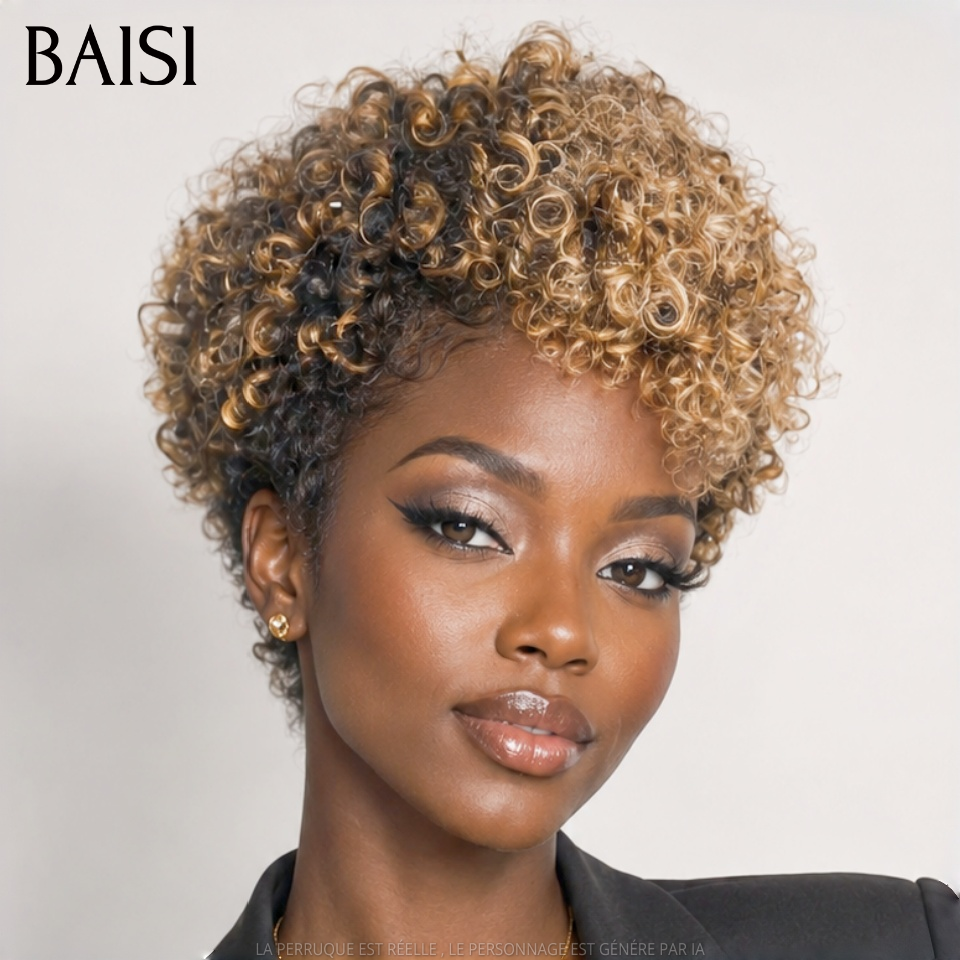 BAISI Perruque Pixie curly Courte Couleur Miel et Noir 1B/27# 68€ Sans Colle Sans Lace Idéale Pour Sortir ou Pour le Travail Très Bonne qualité en 100% Cheveux humains