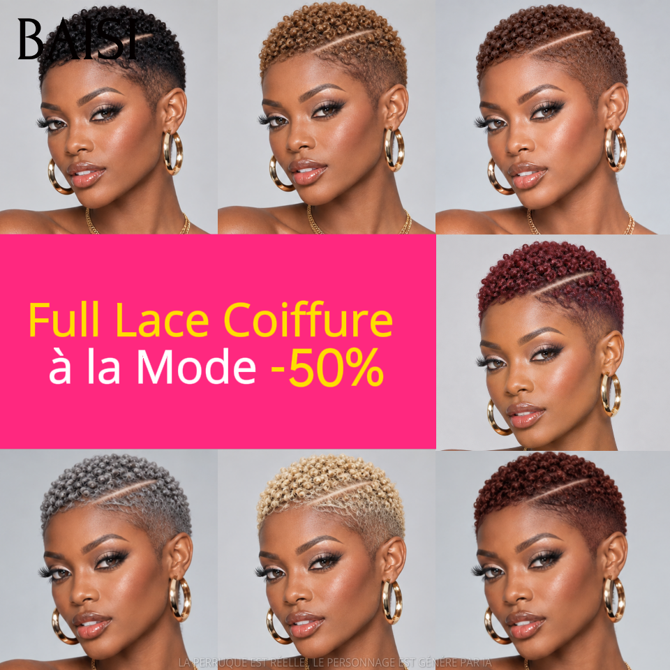 BAISI PROMO MOITIE PRIX Full Lace Perruque Pixie Courte Bouclée Déjà Coiffée Toute Couleur A partir de 129€ En Toute Légèreté en 100% Cheveux humains MP50