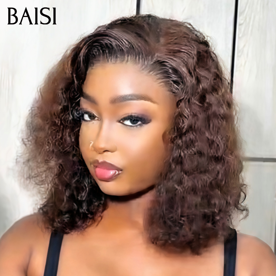 BAISI 4x4 Lace Closure Perruque BOB Water wave 12 pouces et 14pouces 250% Densité Couleur Marron 4# Prix Abordable en 100% Cheveux Humains