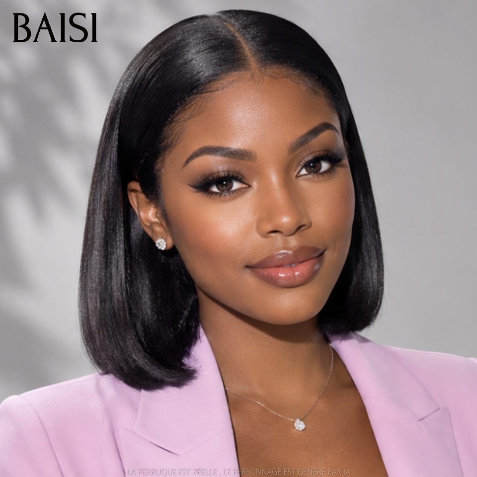 BAISI Perruque Carrée 13X4 Lisse NOIR BOB Pré-plucked Pas Besoin de Colle en 100% Raw Hair Lace déjà couper