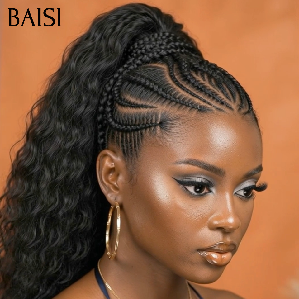 BAISI 13x6 Lace Perruque Coiffée Curly Devantures Nattes Styles En Vagues 26Pouces Couleur Noir 1B# Elégante en 100% Cheveux humains