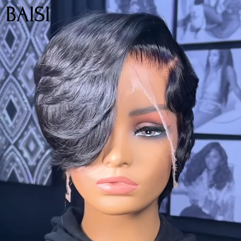 BAISI 13x4 Lace Perruque Coiffée Pixie Courte Lisse 88€ Longue Frange Balayée Style Très Moderne Déjà Prête A Porter En Couleur Noir 1B# en 100% Cheveux humains