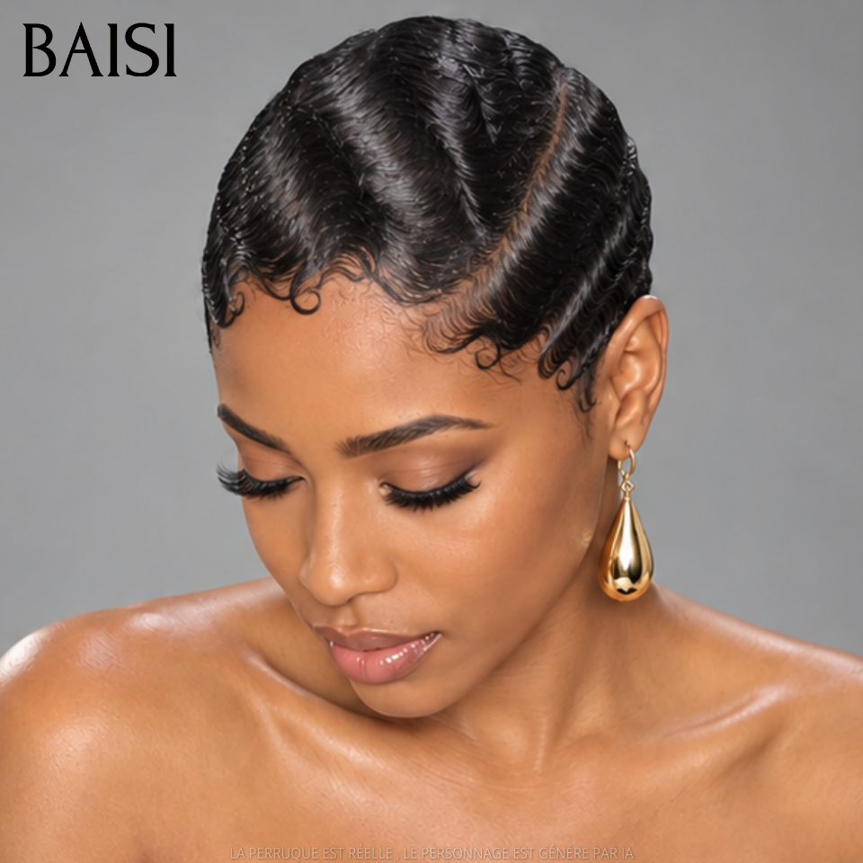 BAISI Full Lace Perruque Pixie Wave Déjà Coiffée Couleur Noir 1B# 139€ 100% Identique Spécialement Légère en 100% Cheveux humains