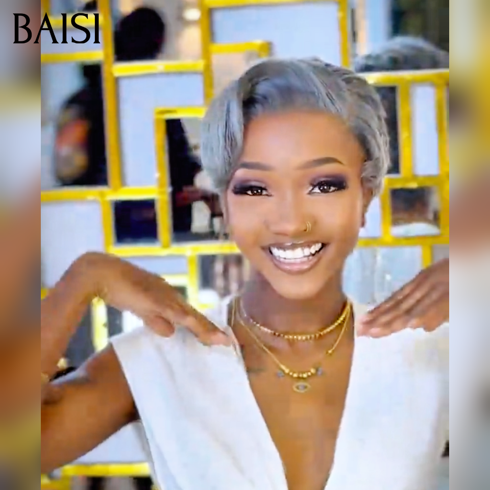 BAISI 13x4 lace Perruque pixie Lisse Grise 6 Pouces Couleur et Style A la Mode 89€ Seulementen 100% Cheveux Humains