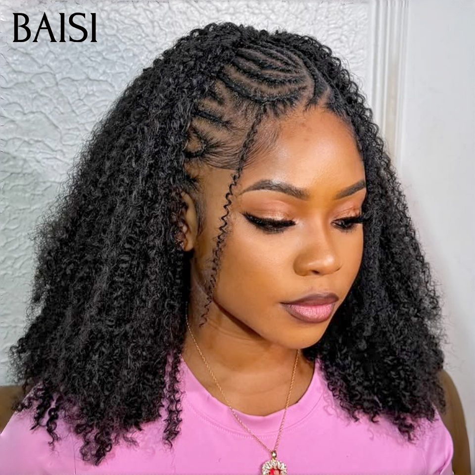 BAISI 13x4 lace Perruque Coiffée Kinky Curly Noir 1B# Devanture Tressée 100% Identique Deja Prête A Porter Solde Moitié Prix en 100% Cheveux Humains MP50