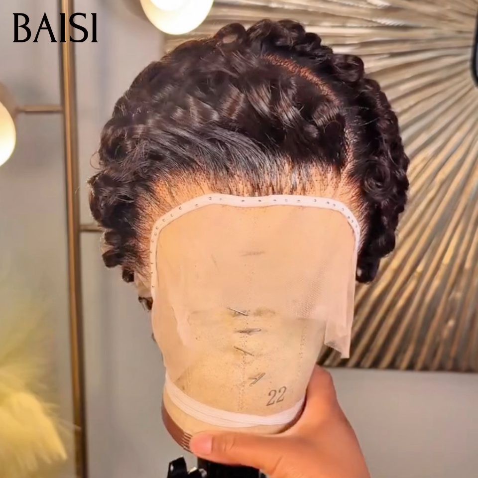 BAISI 13X4 lace Coupe Pixie Curly Wave Noir ou Pixie Lisse Couleur Marron Raie Bien Définie Look Parfait en 100% Vrais Cheveux Humains