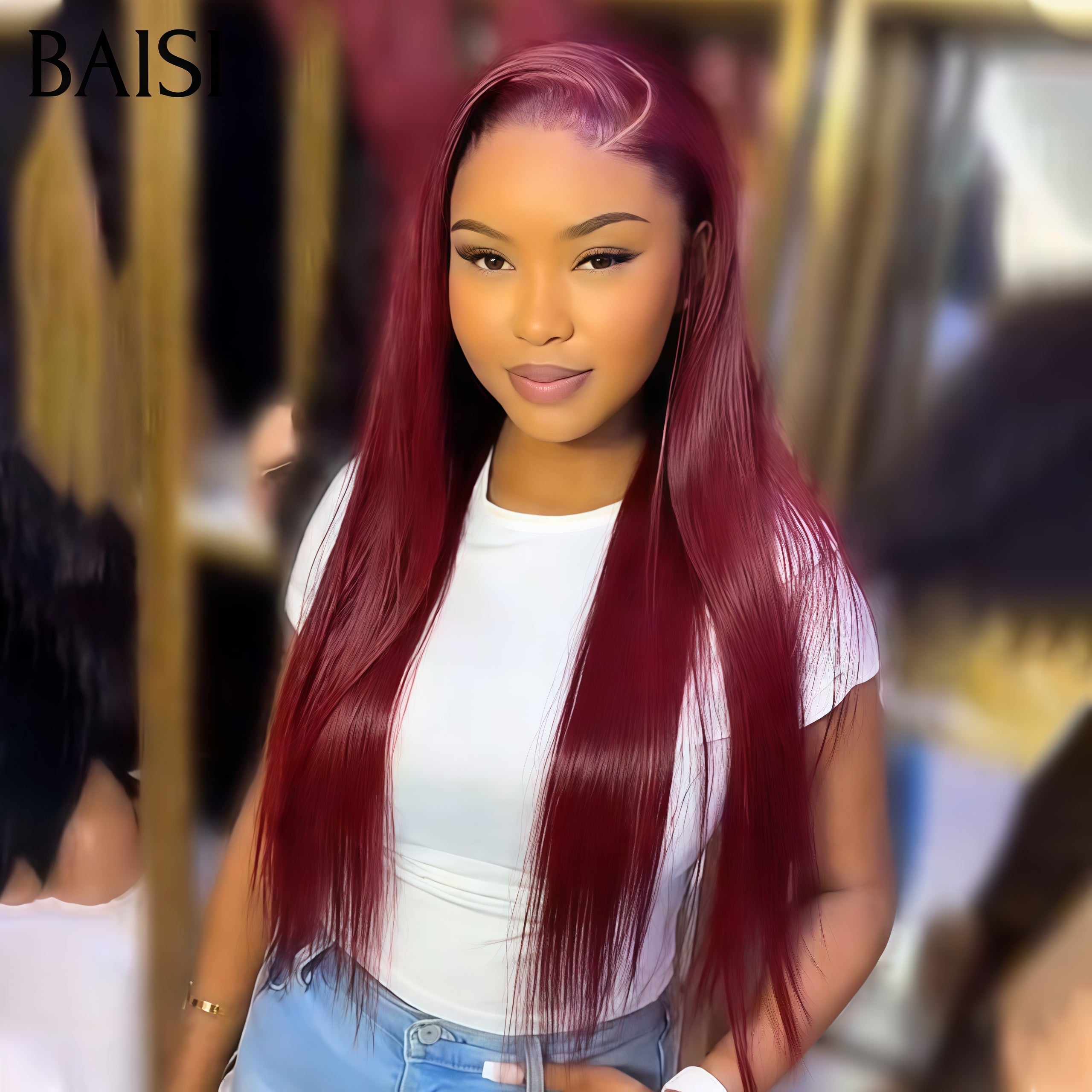 BAISI 13x4 Lace Frontal Perruque Rouge Bordeaux 99J# Lisse C-Part Lisse en 100% Cheveux Humains