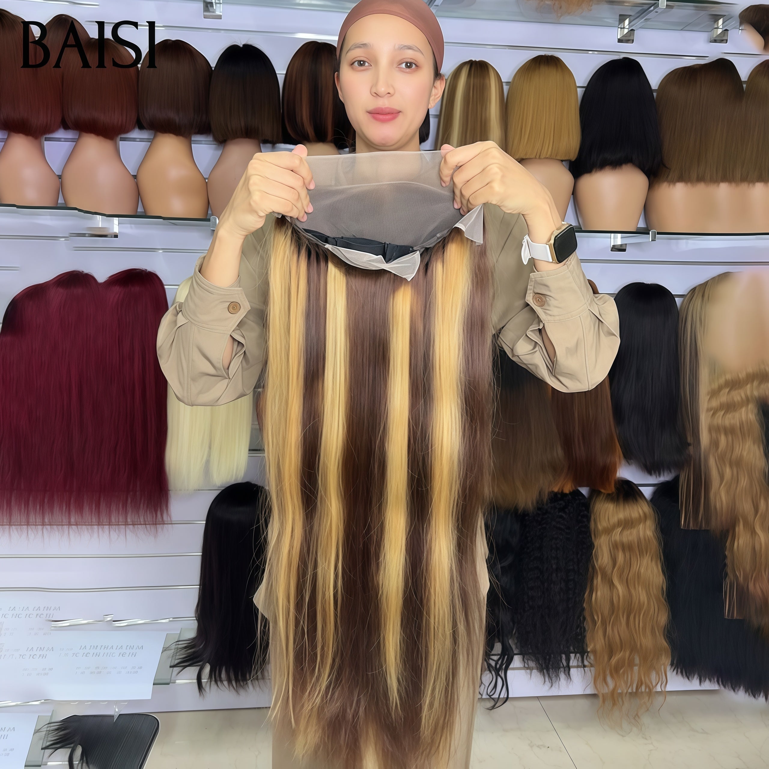 BAISI 13x4 Lace Perruque Longue Lisse Couleur 4/27# Mixte Miel 200% de Densité En 100% Cheveux Humains Pas Chèr FR38