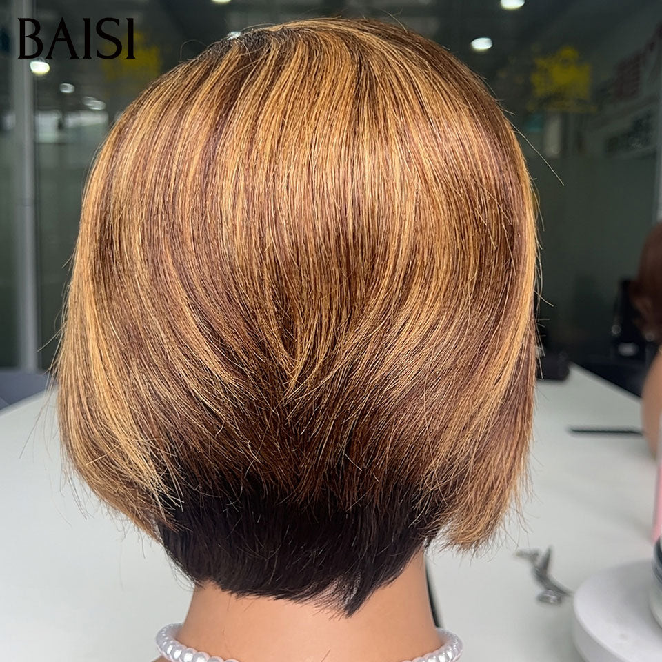 BAISI 13x4 Lace Perruque Pixie Courte lisse Marron Miel 4/27# Jamais Démodée 59€ Seulement En 100% Cheveux Humains