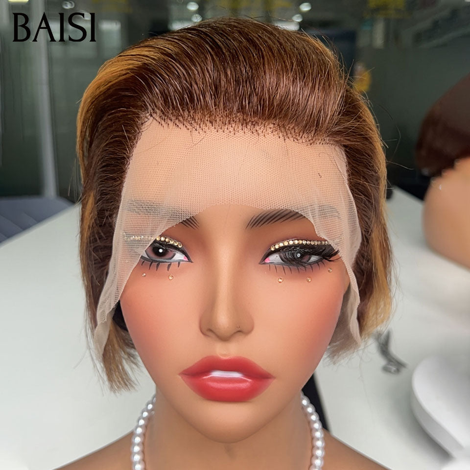 BAISI 13x4 Lace Perruque Pixie Courte lisse Marron Miel 4/27# Jamais Démodée 59€ Seulement En 100% Cheveux Humains