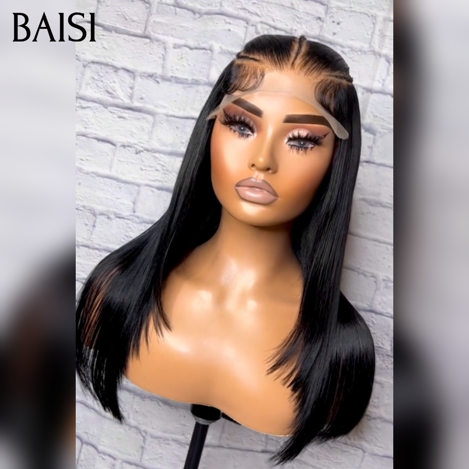 BAISI 13x4 Lace Perruque Coiffée 100% Vietnam Hair Lisse SDD Bone Straight Nattes Tri-Courbes Coiffure de Princesse Couleur Noir 1B# Deja Prête A Porter en 100% Cheveux humains