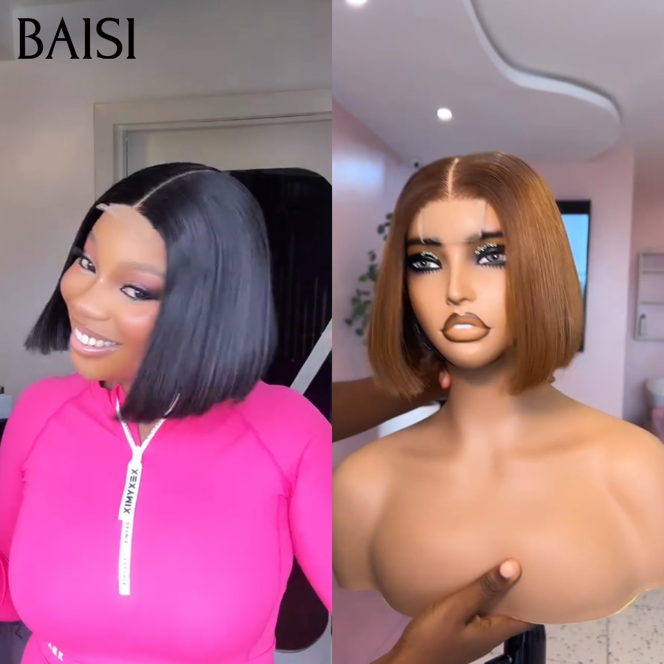 BAISI Lot 2 Perruques Bob Lisse 100% Vietnam Hair Noir + Marron 8 Pouces 169€ Ou Perruque Lisse Longue avec frange Marron 18 pouces En 100% Cheveux Humains
