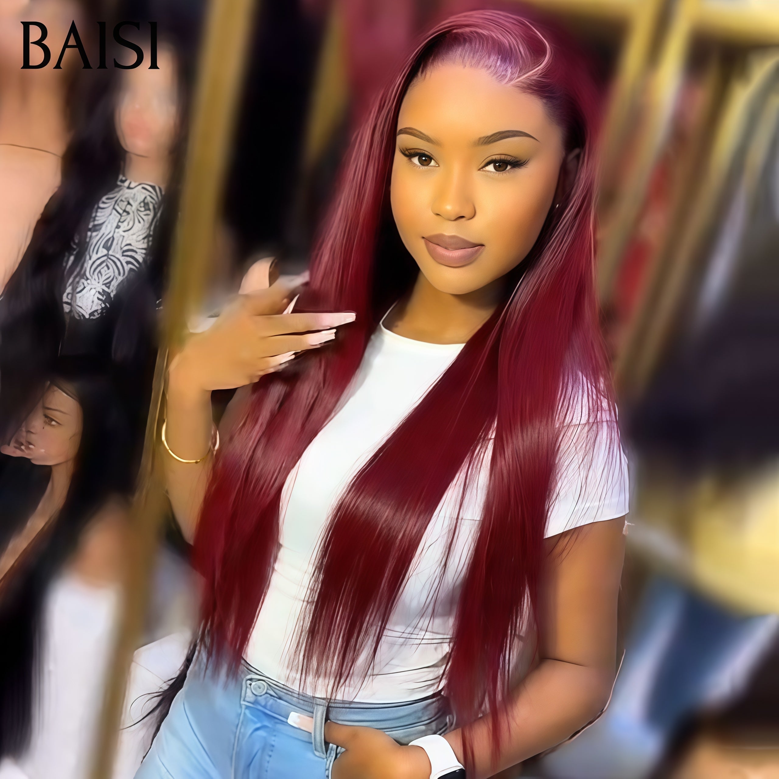 BAISI 13x4 Lace Frontal Perruque Rouge Bordeaux 99J# Lisse C-Part Lisse en 100% Cheveux Humains