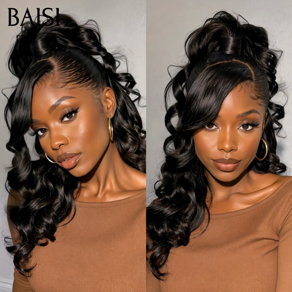BAISI 13x4 lace Perruque Coiffée Body wave Ondulée Couleur Noir Coiffure Hyper Classe et Elégante en 100% Cheveux Humains