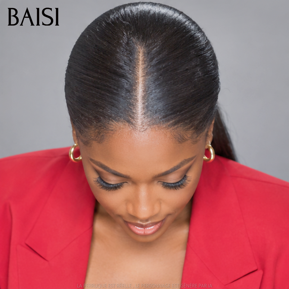 BAISI 13x4 Lace Perruque Coiffée Lisse A Partir de 118€ Seulement Couleur Noir 1B# Pratique Pour le Travail en 100% Cheveux humains