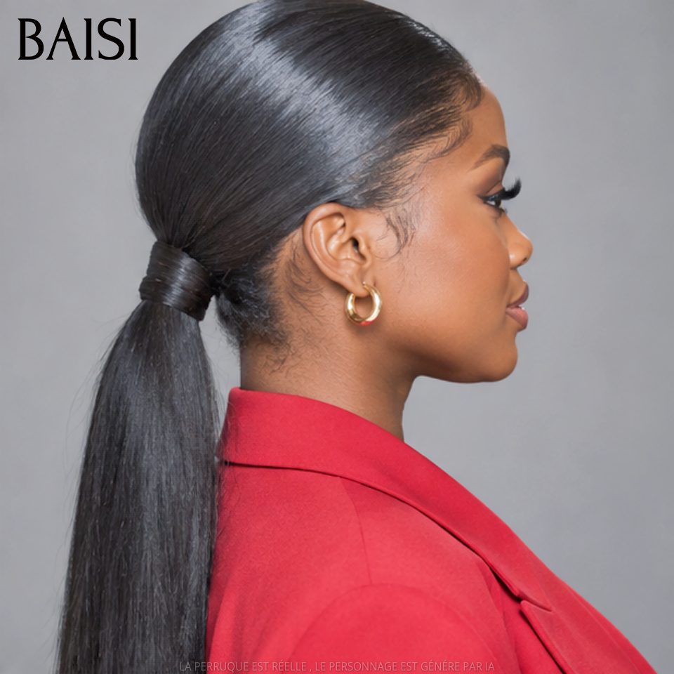 BAISI 13x4 Lace Perruque Coiffée Lisse A Partir de 118€ Seulement Couleur Noir 1B# Pratique Pour le Travail en 100% Cheveux humains