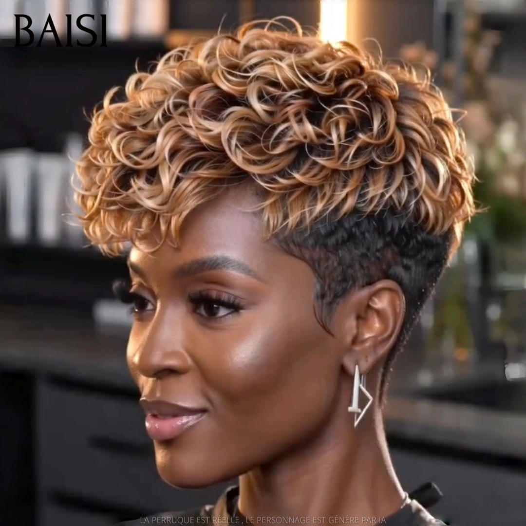 BAISI Perruque Pixie Bouclée Curly Noir et Marron 1B/4# 69€ Sans Colle Sans Lace Style Crinière en 100% Cheveux humains
