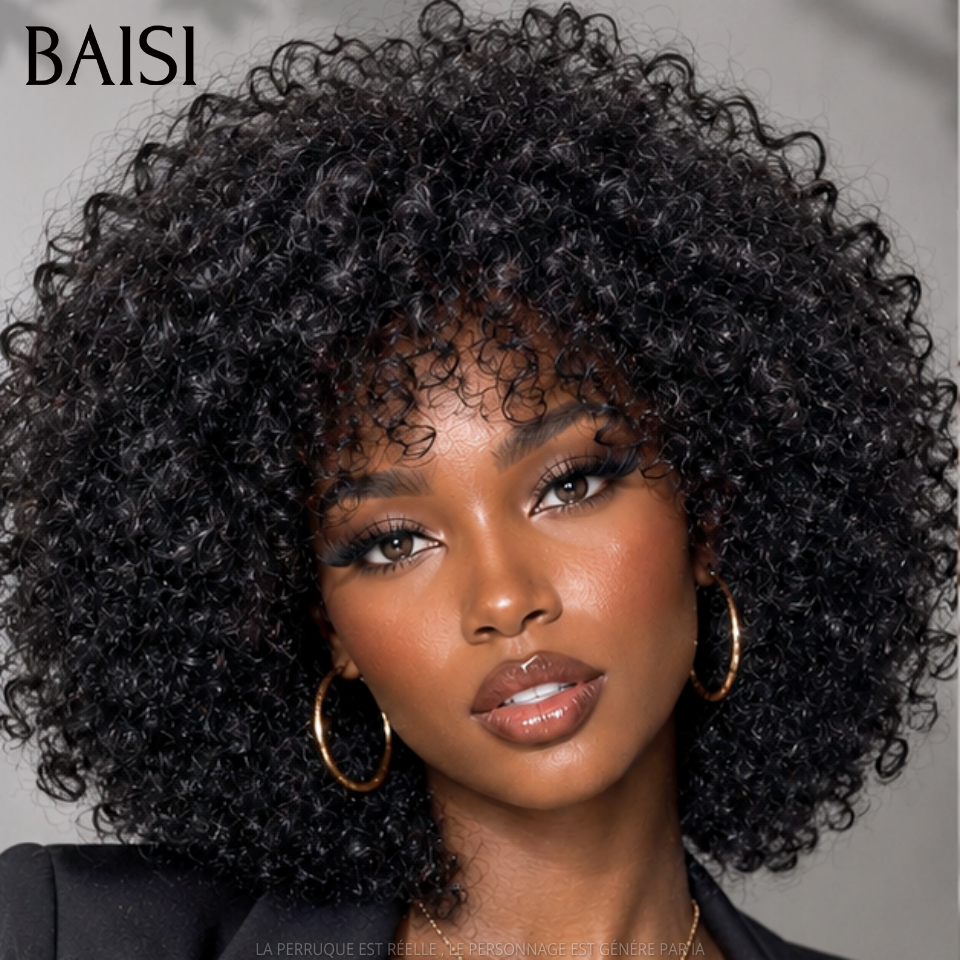 BAISI 2 Perruques 159€ promotion sans lace water wave avec Frange Bouclée Frisée 12 Pouces Volume de 250% Marron et NOIR en 100% Cheveux Humains