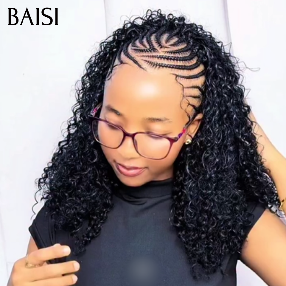 BAISI 13x6 Lace Perruque Coiffée Curly Devantures Nattes Croisées 16Pouces 159€ Couleur Noir 1B# Tendance et Authentique en 100% Cheveux humains