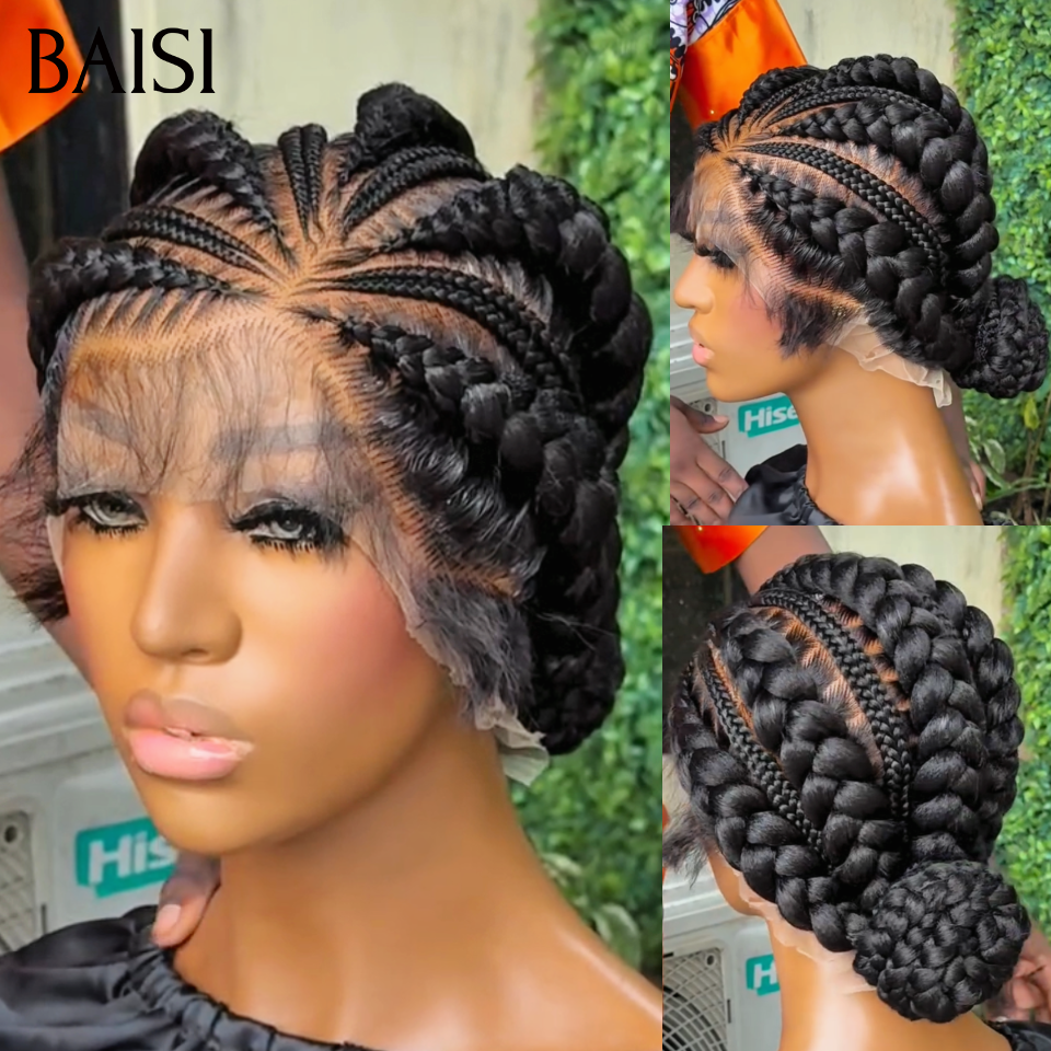 BAISI Full Lace Perruque Coiffée Prête A Porter 158€ Grosses Nattes En Chignon A la Mode Couleur Noir 1B# Élégante et Respirante en 100% Cheveux humains