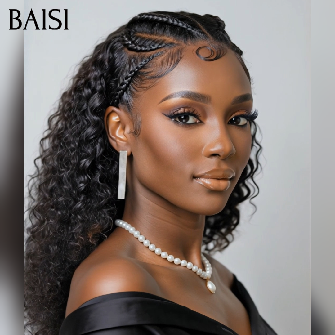 BAISI 13x4 Lace Perruque Curly Wave Déjà Coiffée Couleur Noir 16pouces et 20Pouces Coiffure Parfaite pour les Femmes Noires en 100% Cheveux humains