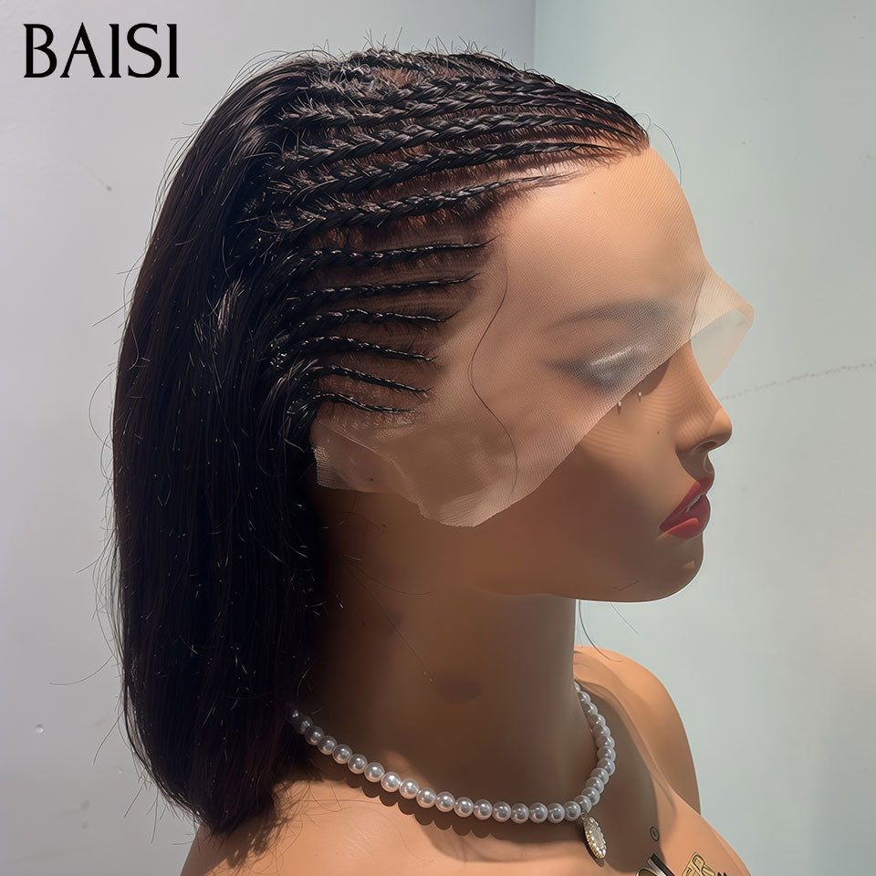 BAISI 13x6 Lace Perruque Coiffée Bob Lisse Avec Nattes Texture Simple et Jolie Couleur Noir 10pouces et 12pouces en 100% Cheveux humains