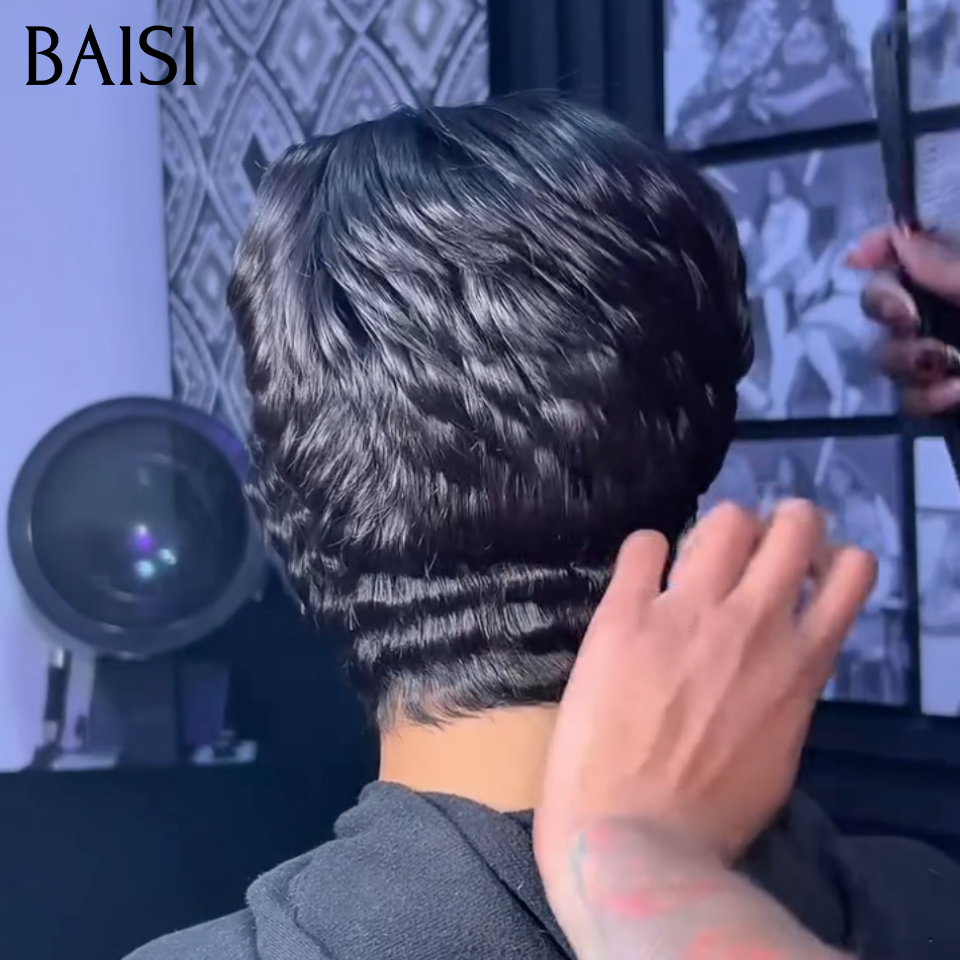 BAISI 13x4 Lace Perruque Coiffée Pixie Courte Lisse 88€ Longue Frange Balayée Style Très Moderne Déjà Prête A Porter En Couleur Noir 1B# en 100% Cheveux humains