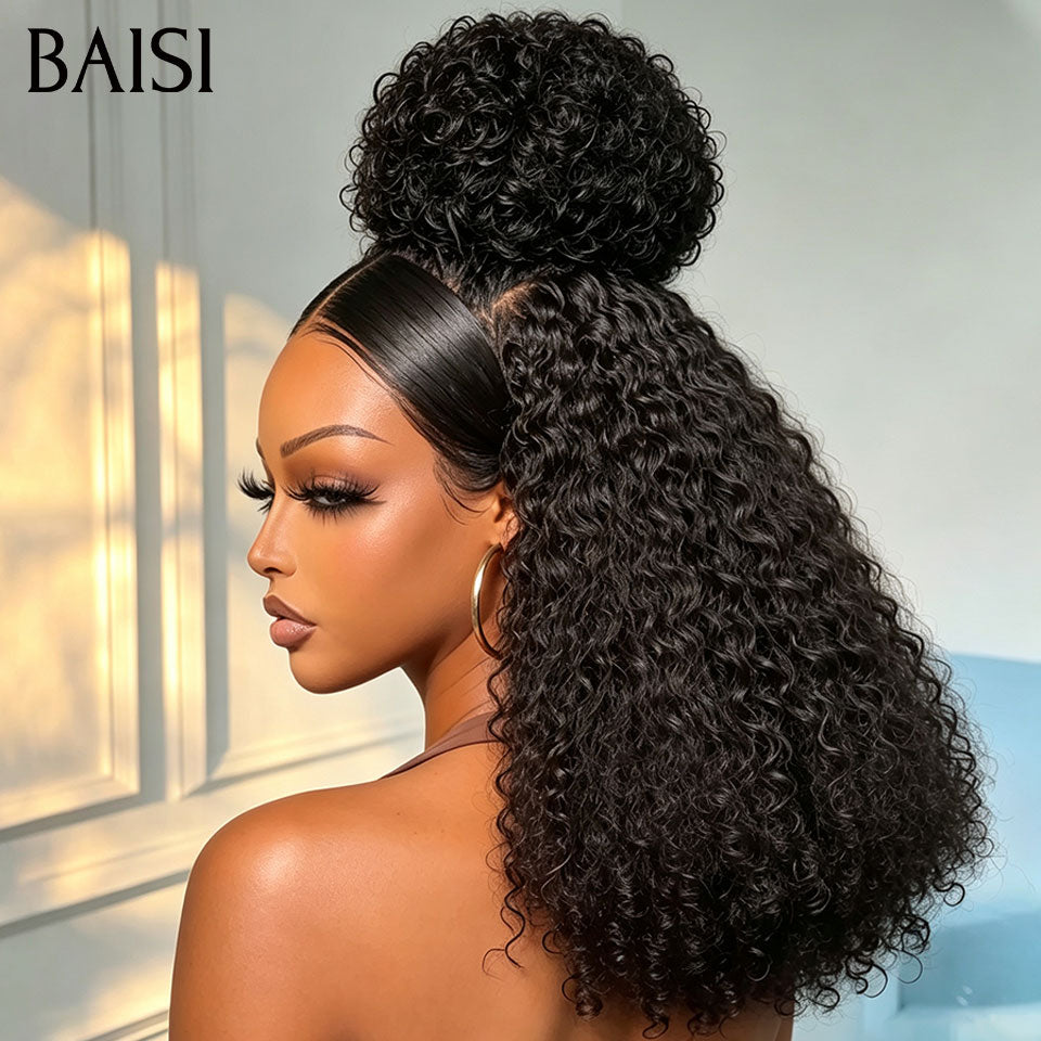 BAISI 13x4 lace frontal Perruque Frisée Curly 20Pouces Déjà Coiffée Sans Colle Couleur Noir Beaucoup de Volume très Bonne Qualité en 100% Cheveux Humains