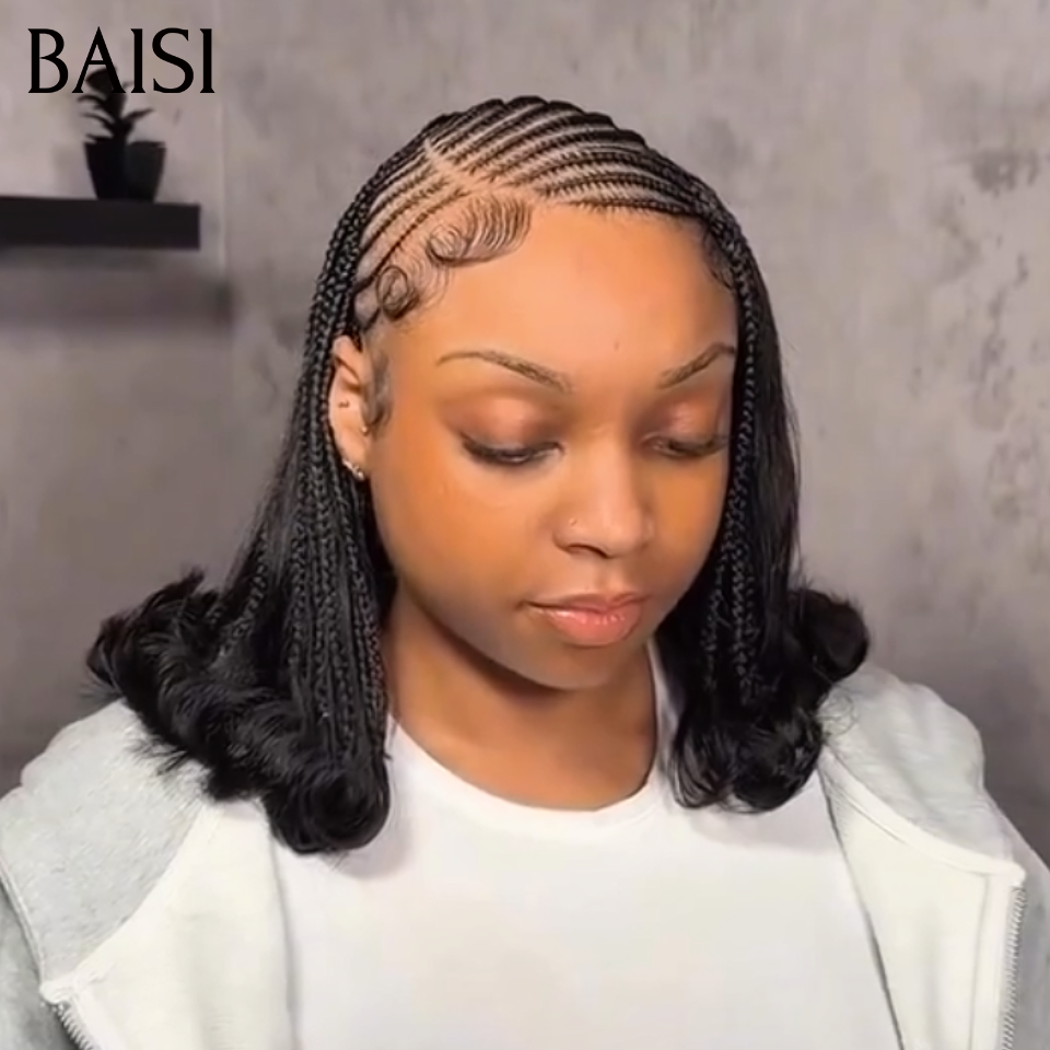 BAISI 13x4 Lace Perruque BOB Lisse Déjà Coiffée Prête à Porter Devanture A Tresse Africaine 12Pouces Look Original en 100% Cheveux Humains