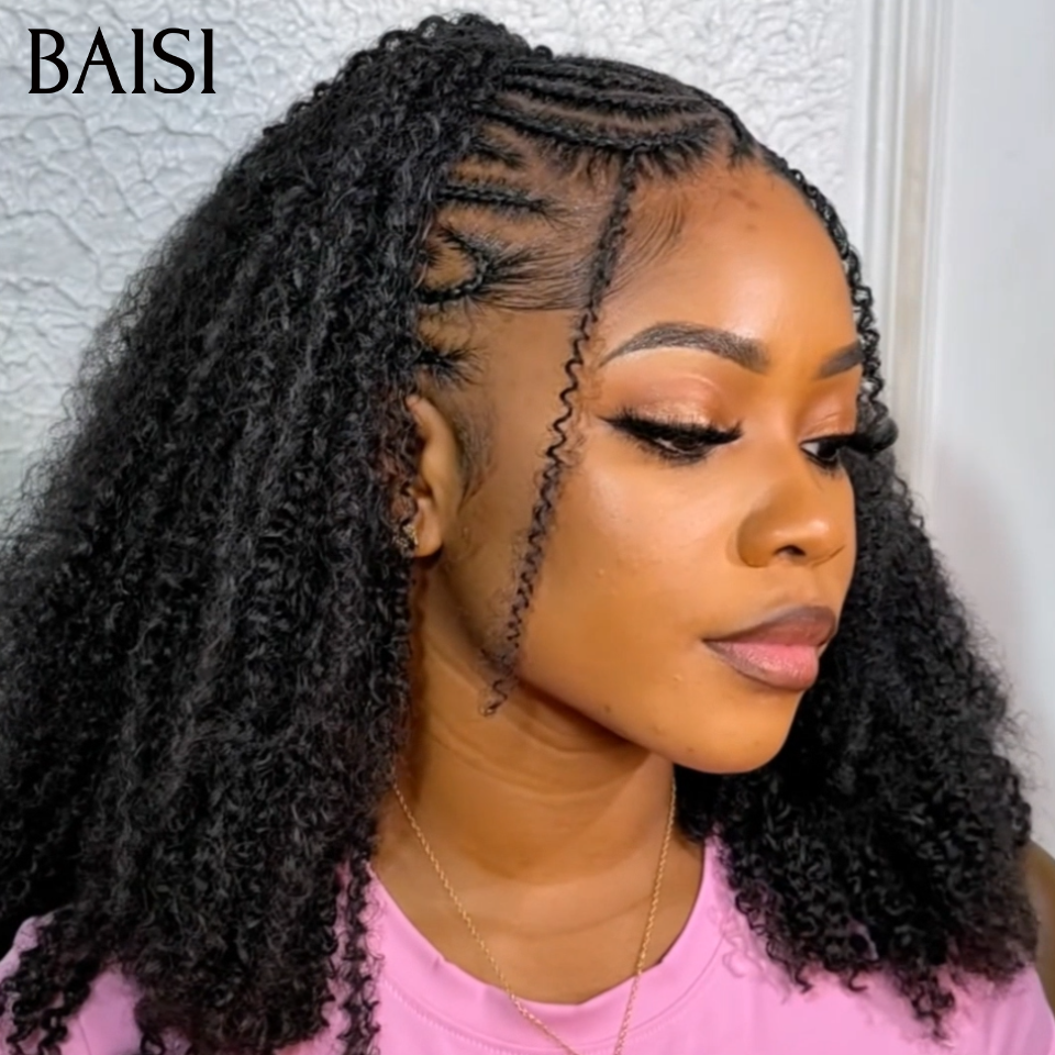 BAISI 13x4 lace Perruque Coiffée Kinky Curly Noir 1B# Devanture Tressée 100% Identique Deja Prête A Porter Solde Moitié Prix en 100% Cheveux Humains MP50