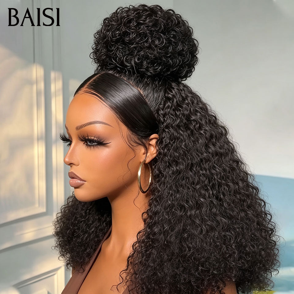 BAISI 13x4 lace frontal Perruque Frisée Curly 20Pouces Déjà Coiffée Sans Colle Couleur Noir Beaucoup de Volume très Bonne Qualité en 100% Cheveux Humains