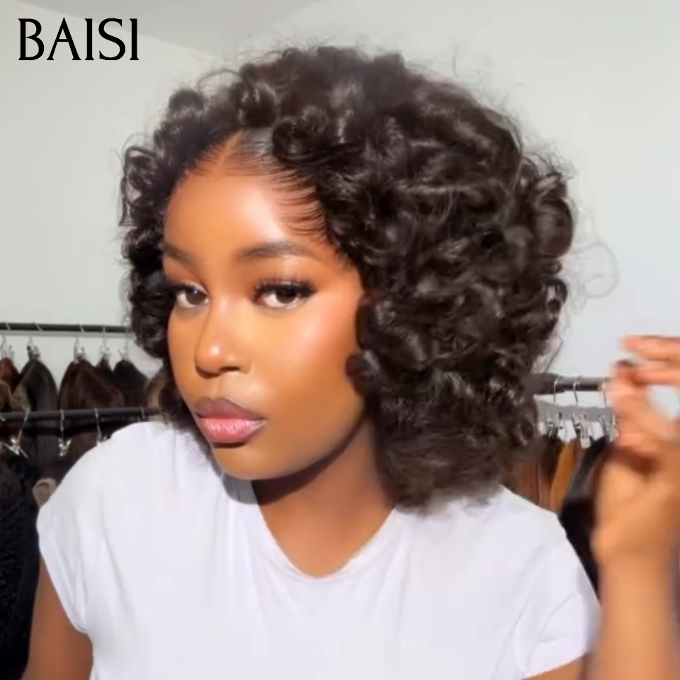 BAISI Perruque Bandeau BOB Egg wave 14 Pouces Avec ou Sans 13x4 Lace Frontal Petites Nattes D'Anges sans Colle Idéale Pour l'Eté en 100% Cheveux Humains
